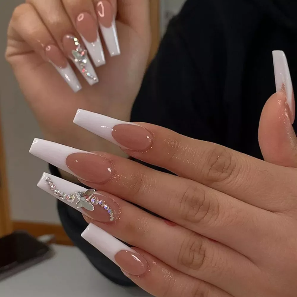 

Detachable Butterfly Rhinestone Ballerina False Nails Wearable Long Coffin Fake Nails Full Cover Nail Tips With Glue 24pcs/Box