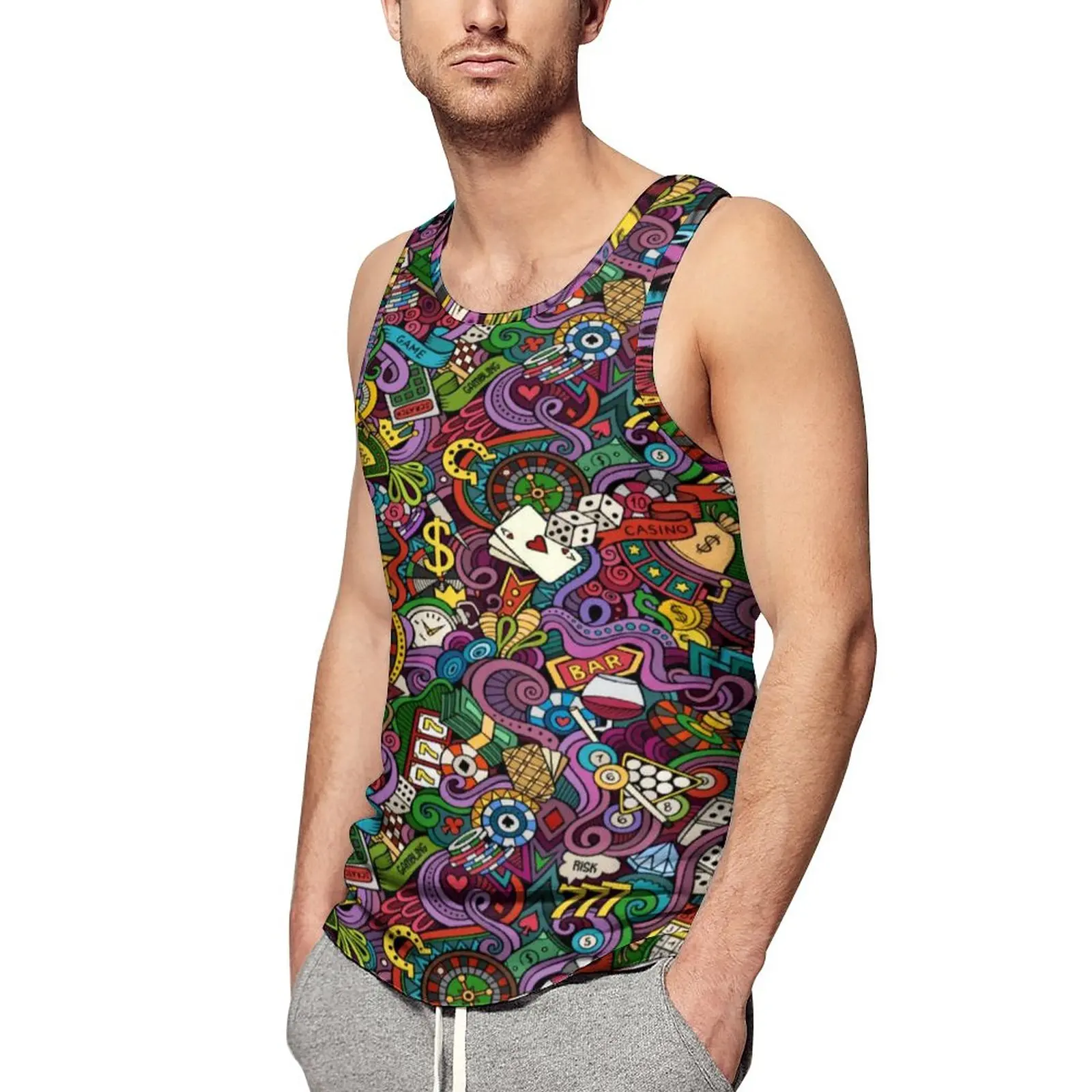 

Colorful Vacation Tank Top Male Gambling Casino Pop Training Oversized Tops Summer Sportswear Printed Sleeveless Shirts