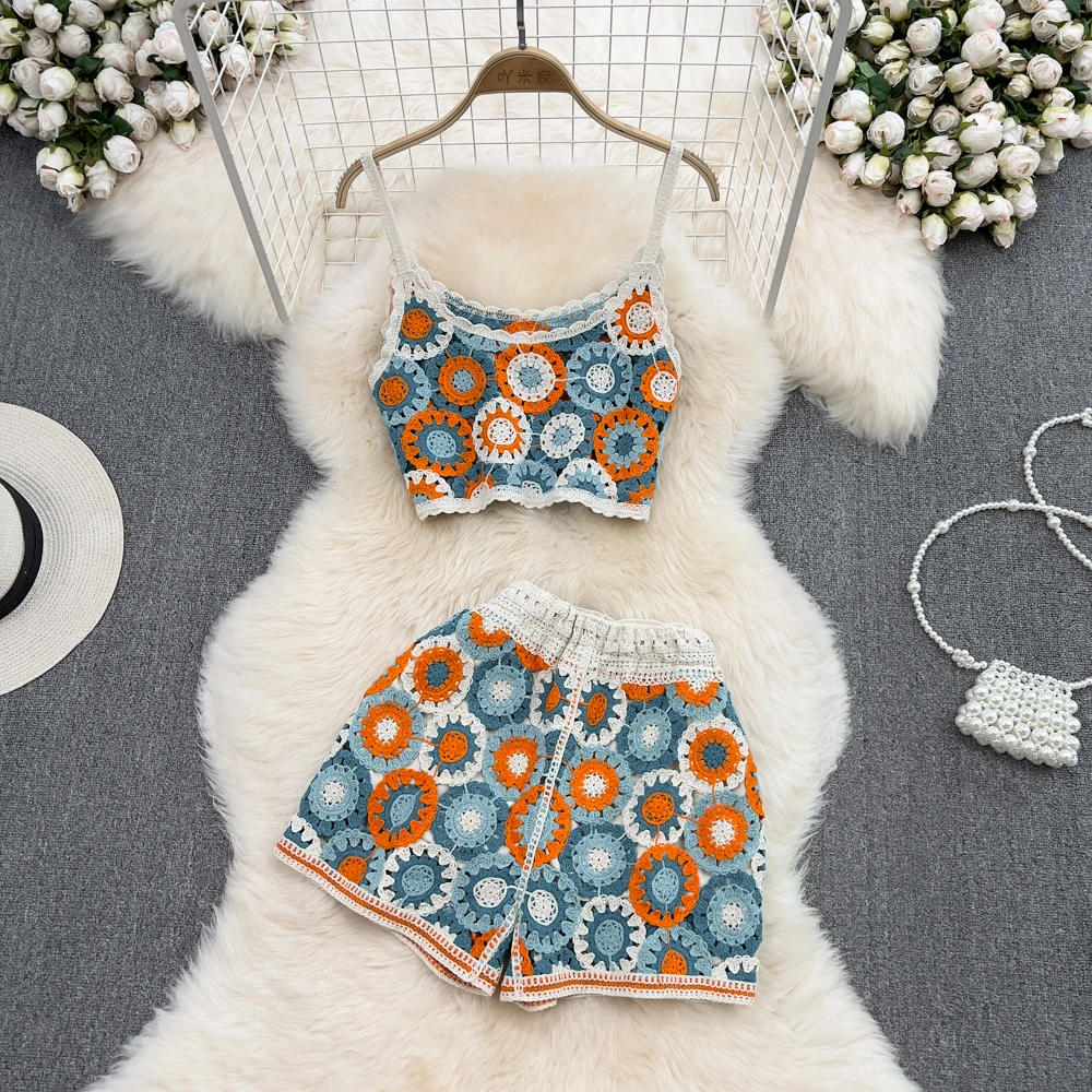 

VANOVICH Summer New Beach Style Embroidery Hollow Out Knitted Short Camisole Top High Waist Wide Leg Shorts Pants Two-piece Set
