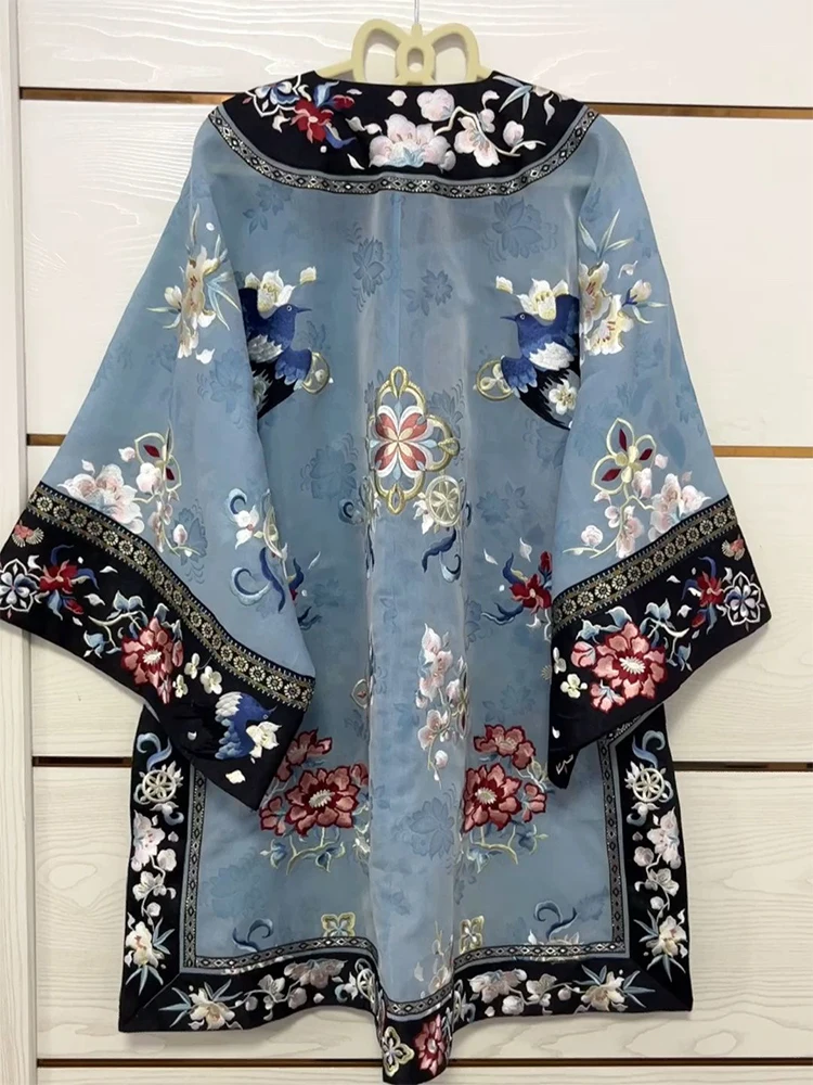 Chinese Style Retro Embroidery Coat Blue Thin Sun Protection Shirt Top for Women Summer