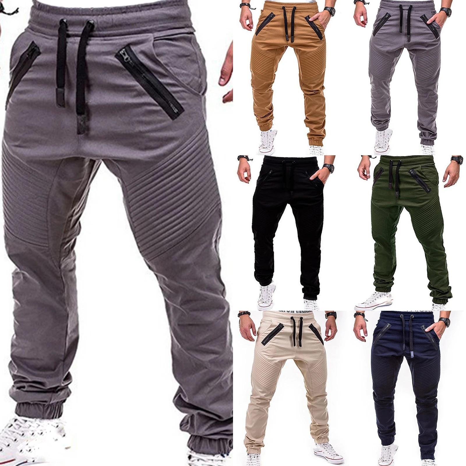 

Summer Man Casula Pant Pocket Elastic Waist Sweatpants Pleated Casual Streetwear Cargo Pants Midweight Trousers