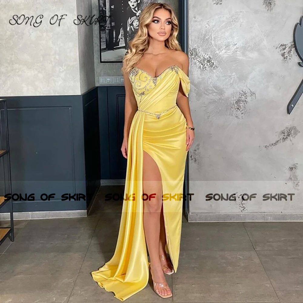 

Женское вечернее платье с юбкой-годе, желтое атласное платье с открытыми плечами, с высоким разрезом, для свадьбы, выпускного вечера, на зака...