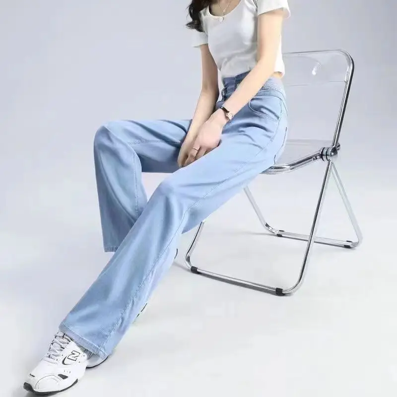 New Straight Jeans Women Summer Ice Silk Blue Denim High Waist Stretch Fashion Pocket Trousers Solid Color Wide Leg Washed Jean