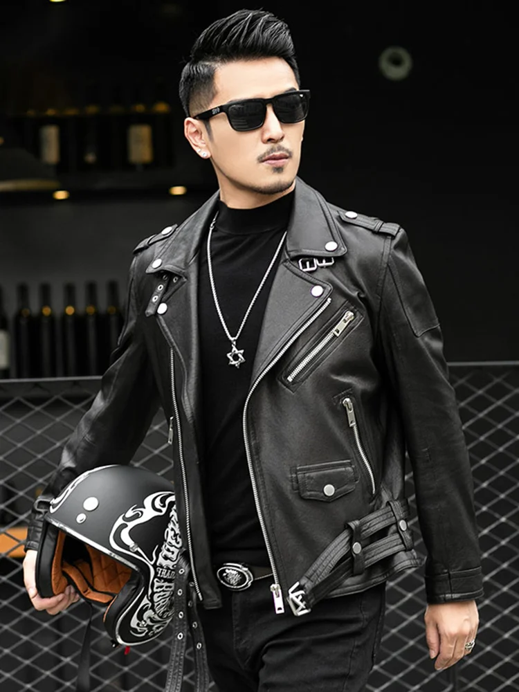 

Sprin Autumn Sort Cool Black Leater Biker Jacket Men Zipper Lon Sleeve Belt Plus Size European Fasion 4xl 5xl