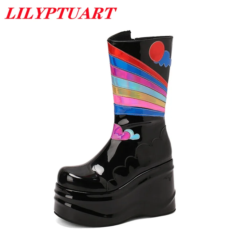 

LILYPTUART ZA Platform Ankle Boots, Winter 2022 Multicolor Bling Wedge Heel Punk Biker Shoes for Women Brand New High Heels Traf