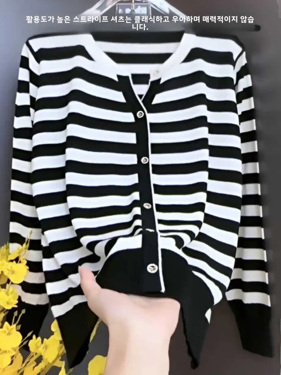 Вязаный кардиган в черно-белую полоску с v-образным вырезом для женщин новинка 2024