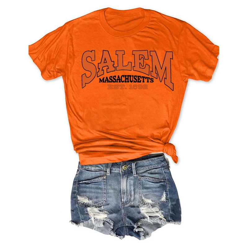 

Rheaclot Hallowen Salem Massachusetts Women's Summer Casual Cotton Graphic O-Neck Top T-shirt