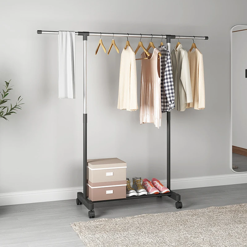 

Mobile Standing Coat Rack Home Bathroom Organizer Rack Telescopic Metal Mobile Double Rod Clothing Hanger Perchero De Pie