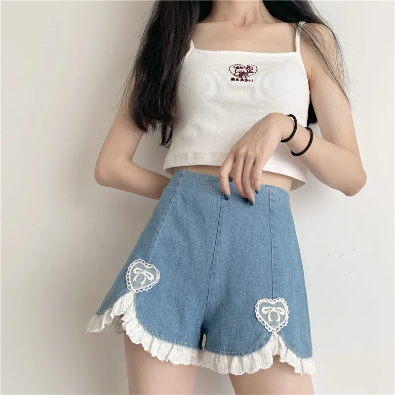 Sweet Kawaii Shorts Women Harajuku Cute Lace Ruffles Denim Short Pants Japanese E Girls Sexy Punk High Waist Shorts 2021 New