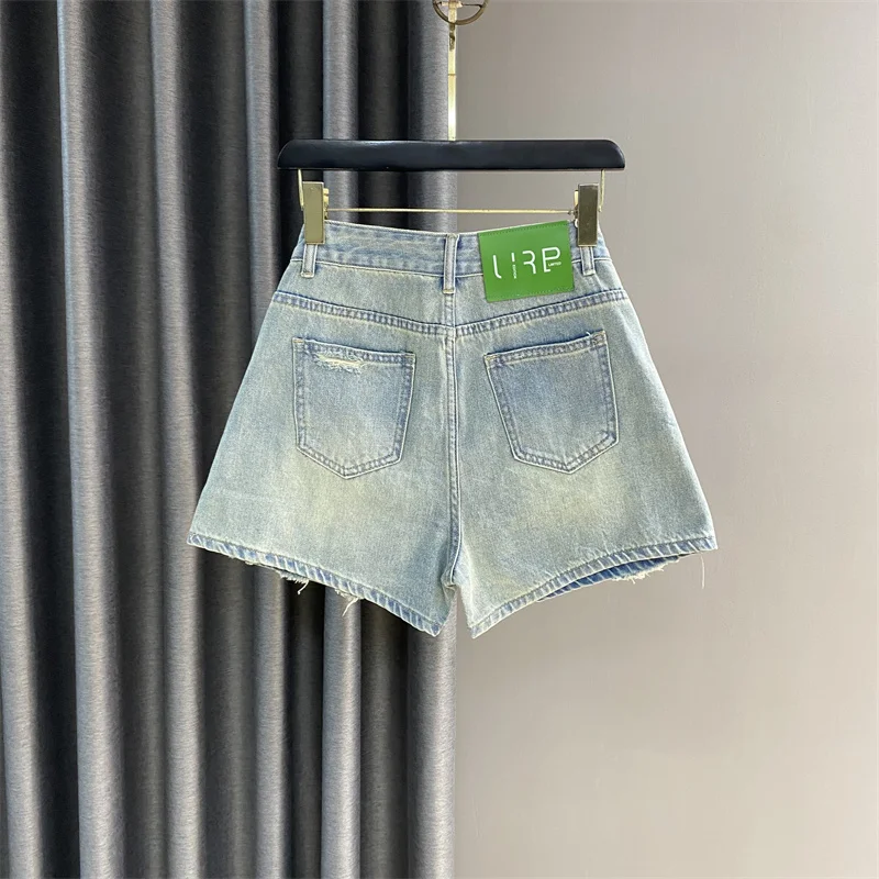Lace Flower Decorative Denim Shorts Women's Summer 2023 High Waist Straight Niche A- line Slimming Loose-Fitting Hot Pants Tide