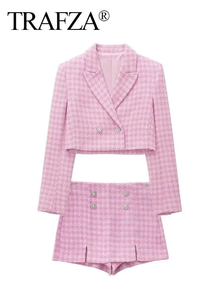 TRAFZA 2024 Autumn Houndstooth Culottes Suits For Women New Long Sleeves Cropped Blazer Top + Chic Elegant Female Shorts
