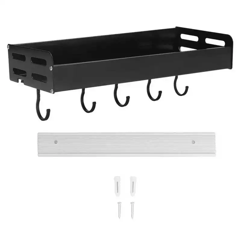 

Wall Mounted Kitchen Shelf Space Aluminum Rustproof Structure Floating Wall Shelves with 5 Hooks for Kitchen BLACK