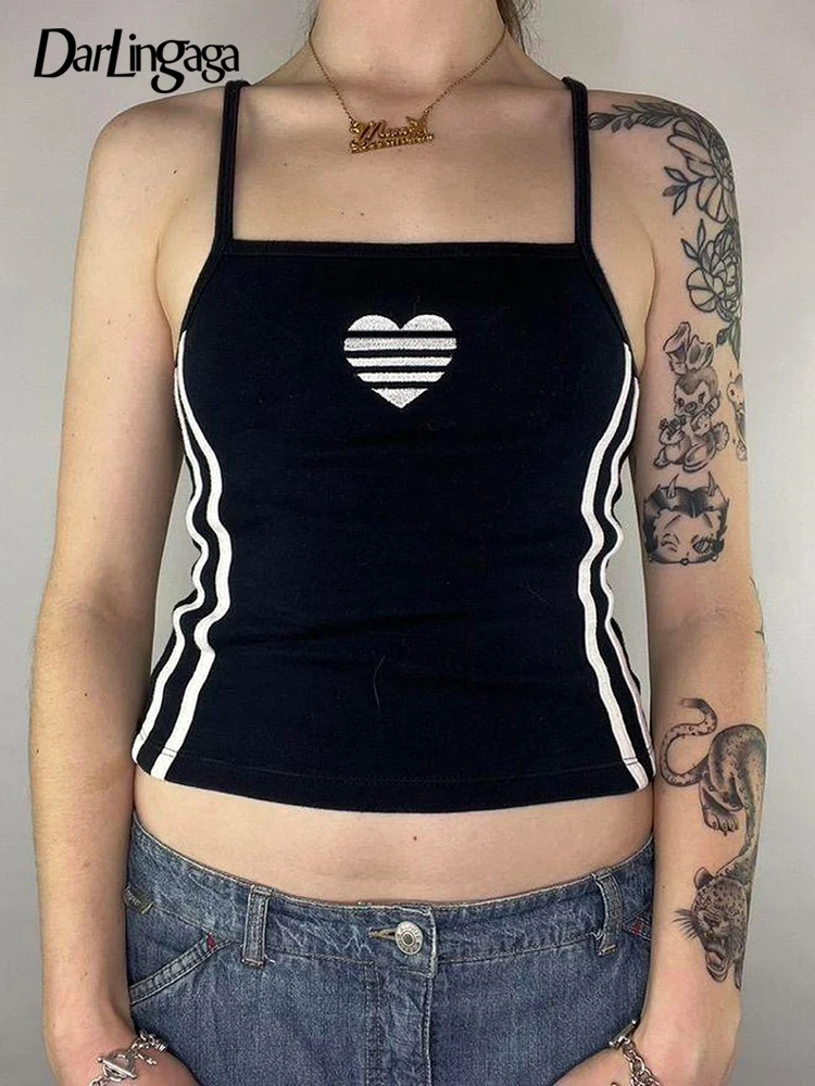 

Darlingaga Casual Basic Heart Embroidery Camis Tops Summer Short Strap Spliced Stripe Women's Crop Top Sporty Chic Contrast Tee