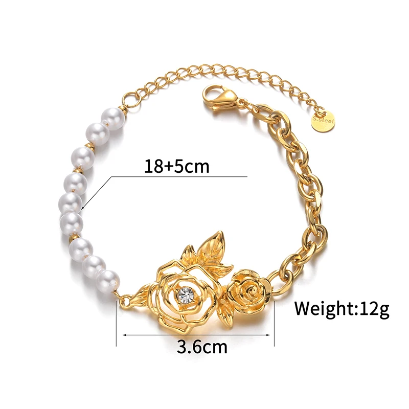 Изысканный жемчужный браслет Spark с цветком из нержавеющей стали золотого цвета