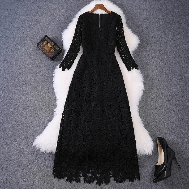 

Long Dress V-neck Lace Autumn New Korean Style Fashionable Slimming Mid-Length A- Line Dress Mini Dress Women Wedding Dresses