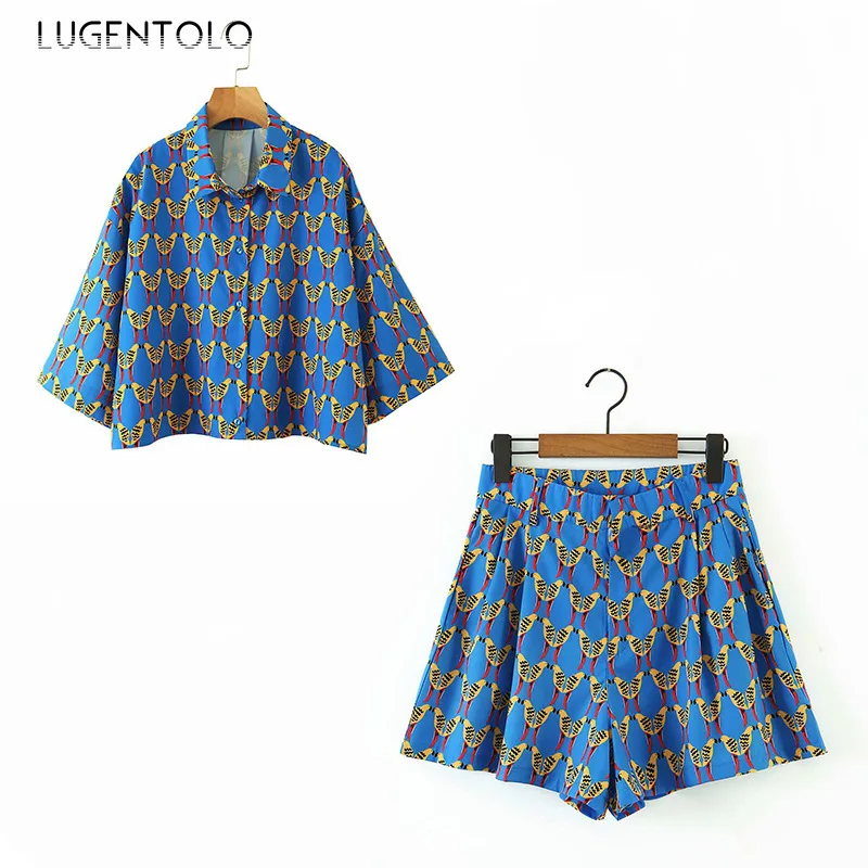 

Женский Повседневный комплект из 2-х предметов, свободная рубашка с отложным воротником, топ с коротким рукавом, эластичные шорты с высокой ...