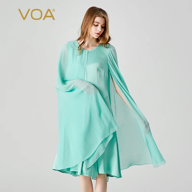 

VOA 100% Pure Silk Double-sided Satin Emerald O-neck Patchwork Georgette Long Sleeve Asymmetric Design Party Dress Spring AE1926