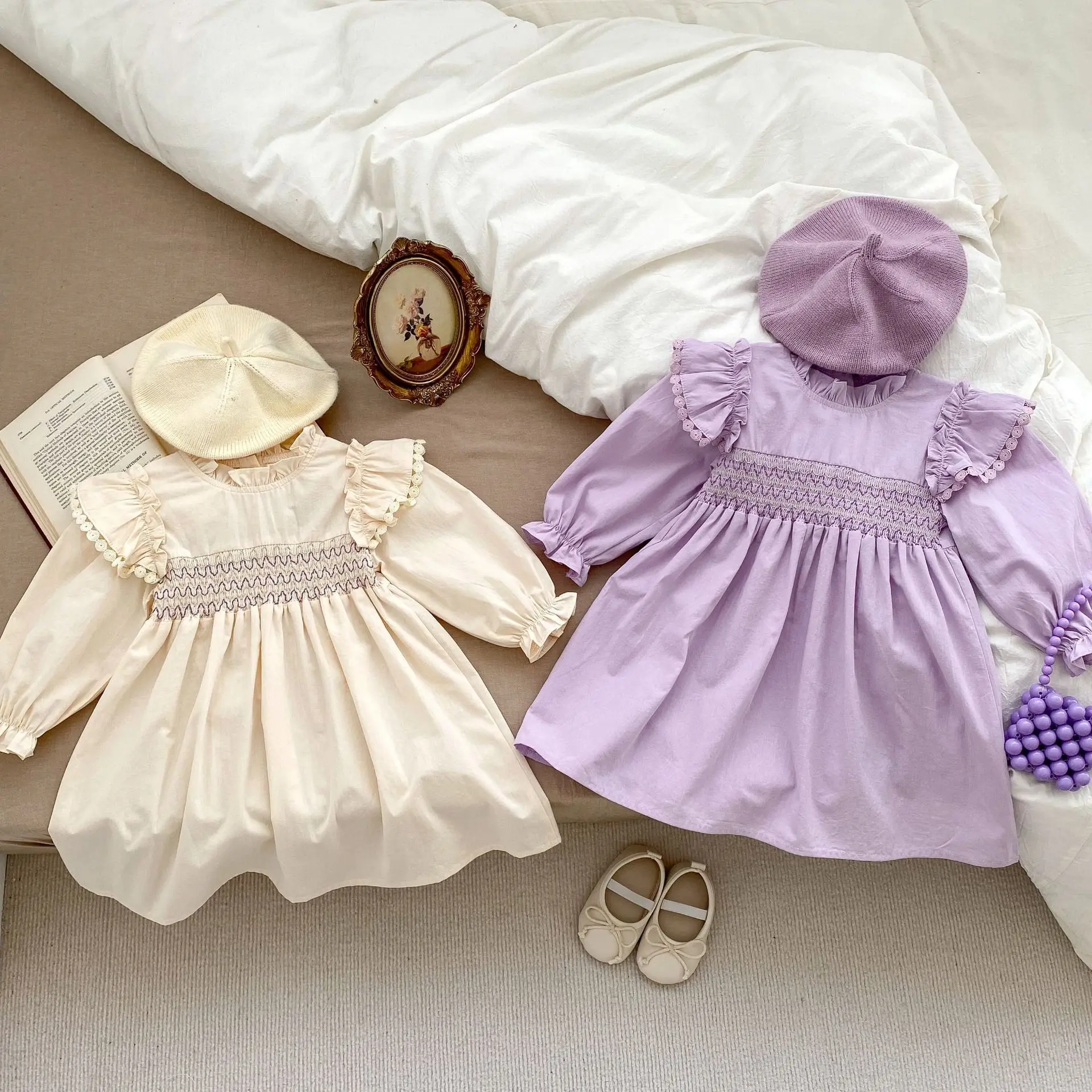 

Ins 2023 Autumn Baby Girls Dress Cotton Long Sleeve Fitted Waist Lace Infant Girls Frocks Ruffle Ruched Solid Toddler Girl Dress