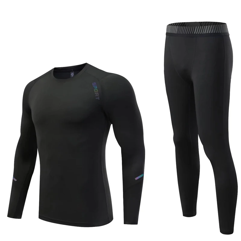 

Black Men Workout Kit Gym Running T-Shirt Sports Tights Compression underwear Warm Sweat Suit Men's Clothing Winter First layer