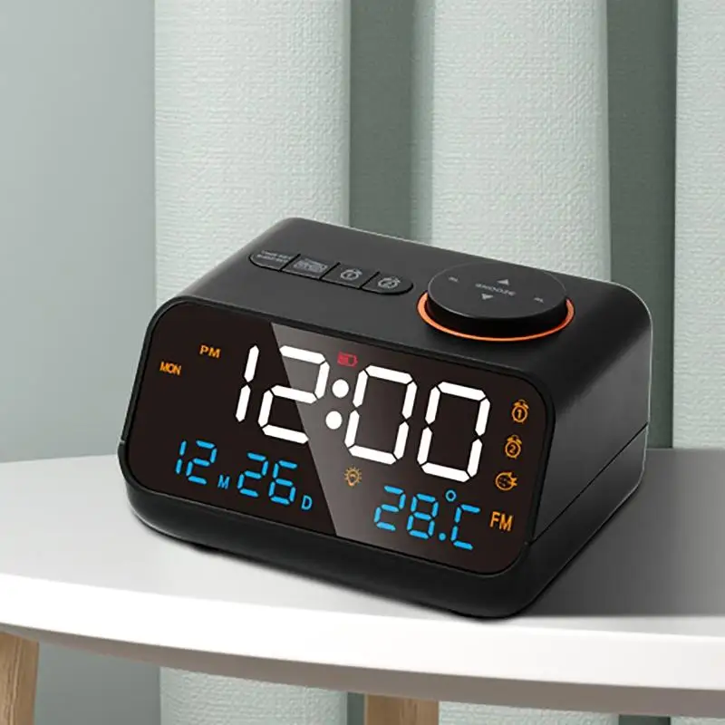 

Mordern FM Radio LED Alarm Clock with Temperature Thermometer Humidity Hygrometer for Bedside Wake Up Digital Table Calendar