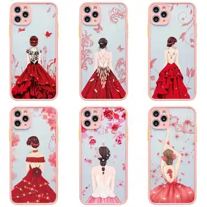 Red Formal Dress Girl Phone Case For iphone 13 12 11 Pro Max Mini XS 8 7 Plus X SE 2020 XR Light pink Matte Transparent Cover