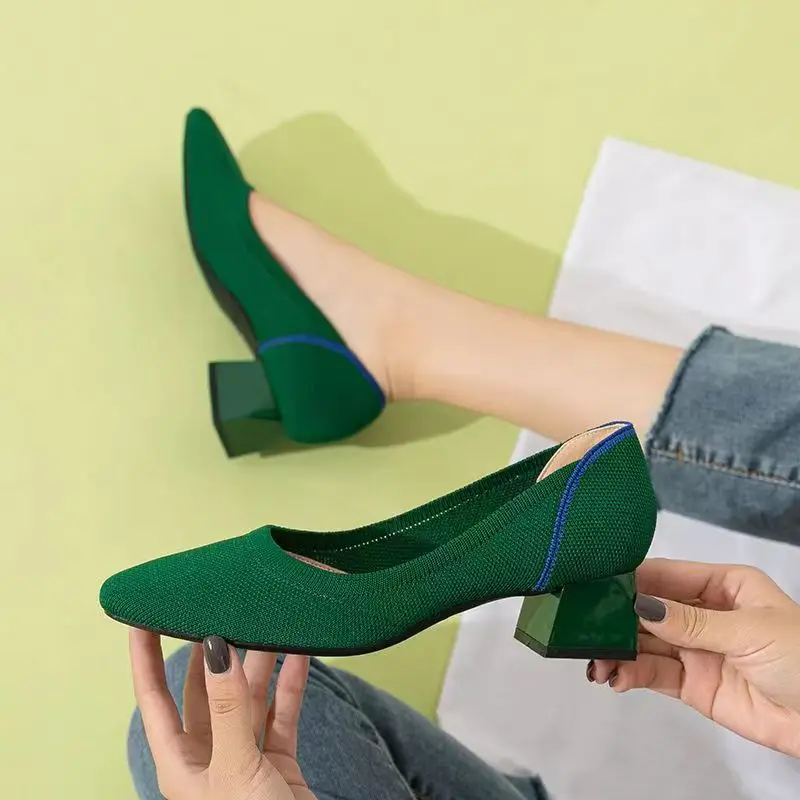 Large High-heeled Shoes 42/43/41 Women's Shoes Knitted Fashionable Breathable Non-slip Beautiful Color Matching Spring and Autum