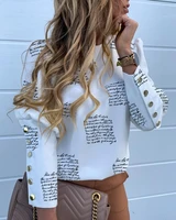 autumn women letter letter print button back designed top 2022 femme round neck lantern sleeve blouse lady outfits traf tunics