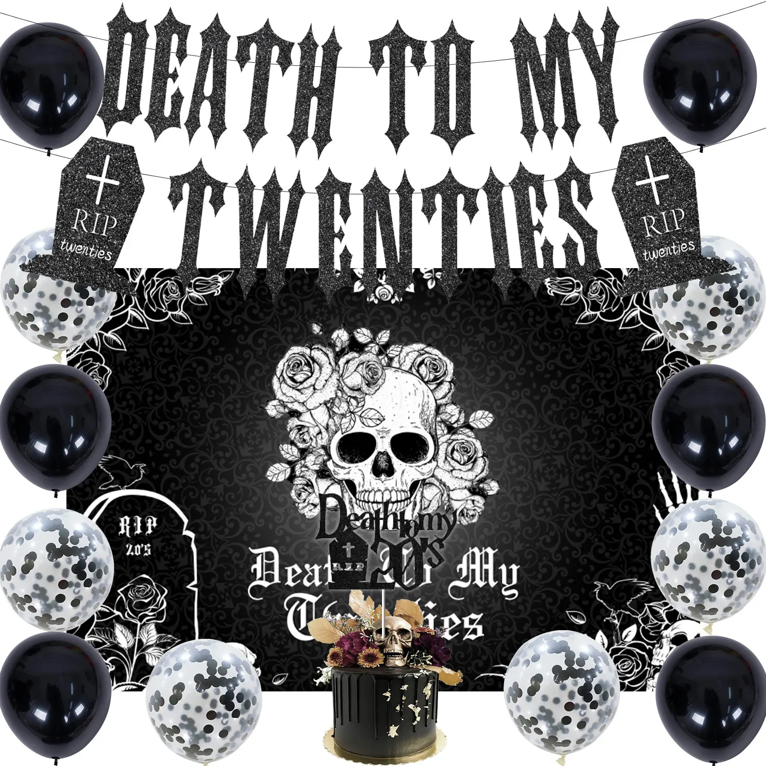 

Death To My Twenties Black 30th Birthday Decorations for Men Women Death To My 20s Party Supplies Rip Twenties Banner Backdrop