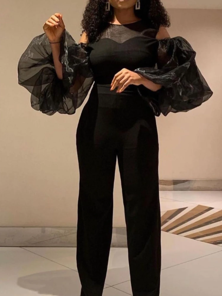 

Women Jumpsuits Lantern Sleeves Bare Shoulder See Through Patchwork Elegant Ladies Party Vacation Overall Female Bodysuit 2022