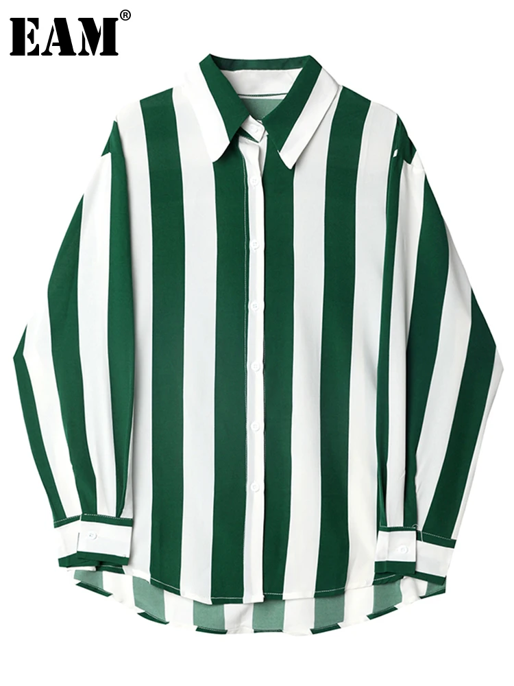

[EAM] Women Green Striped Big Size Casual Blouse New Lapel Long Sleeve Loose Fit Shirt Fashion Tide Spring Autumn 2022 1DE6514