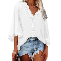 womens blouse summer white tops loose flared sleeves blouses v neck hollow lace stitching shirt female blusas mujer plus size
