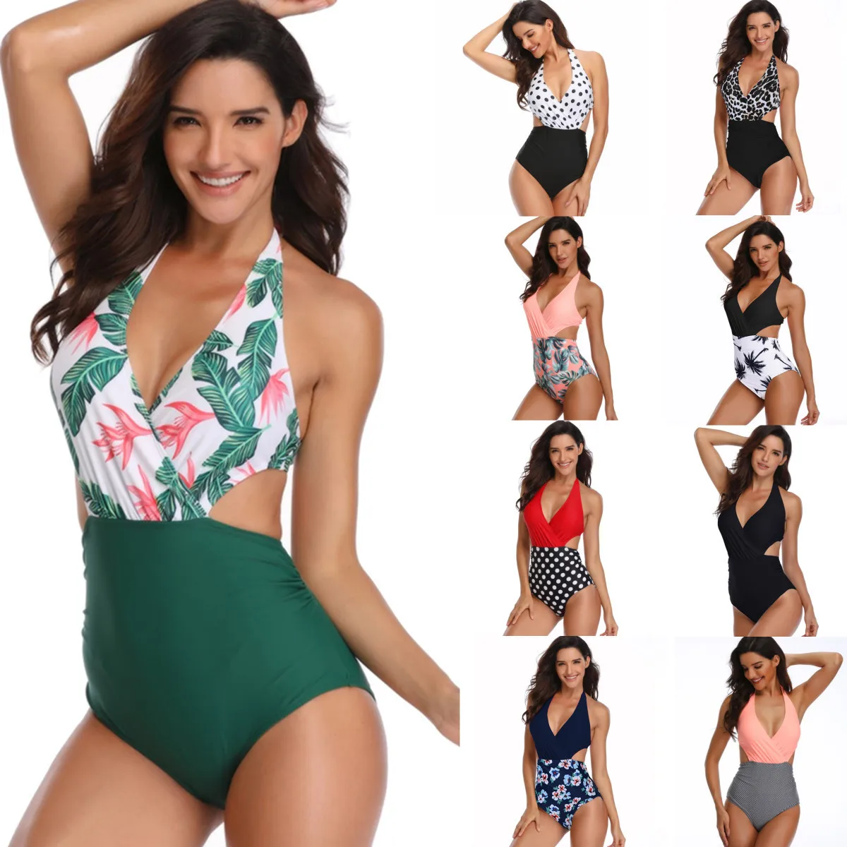 

One Piece Swimsuit Multicolor Print Sexy High Waist Strap Cross Bikini