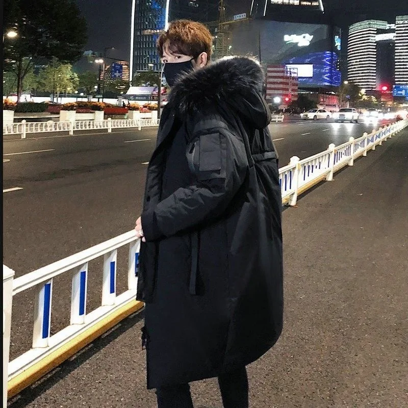 Autumn and winter long simple men's and women's white eiderdown hooded fur collar couple tooling down jacket padded men  parkas