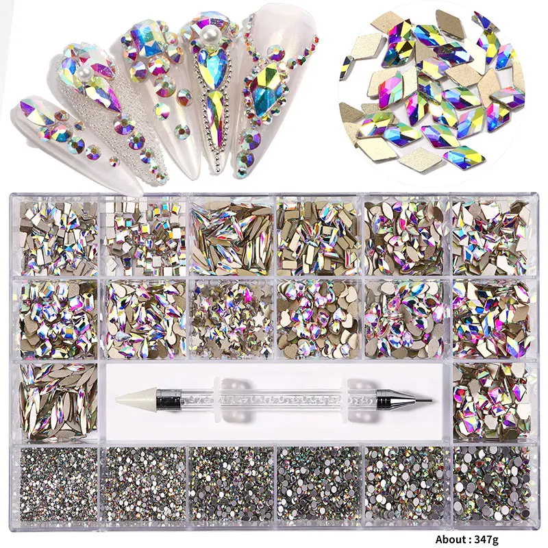 

1000Pcs/Box Mixed AB Glass Crystal Diamond Packing Crytsals Nail Rhinestone Flat Bottom Multi-size Crystals With 1 Pick Up Pen