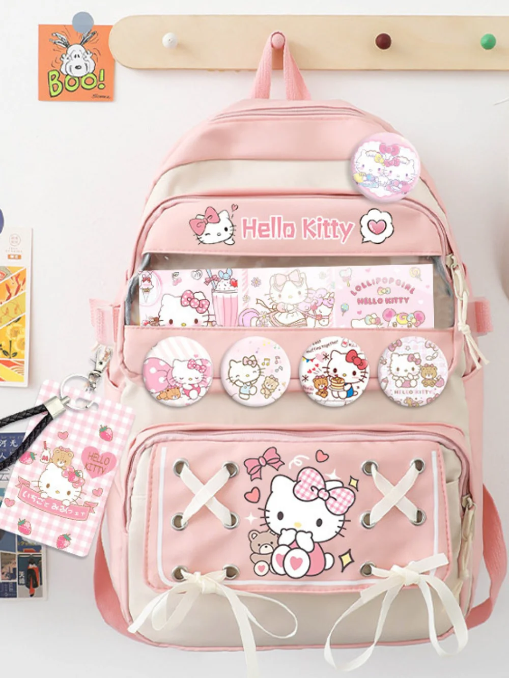 Wholesale Hello Kitty 2 Pocket Backpack- 16 PINK/LIGHT BLUE