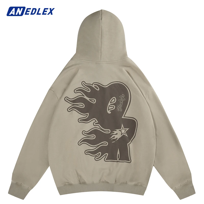 

Hip Hop Streetwear Hoodie Sweatshirt Fashion Flame Letter Graphic Hoodie Men Autumn Cotton Hooded Pullover Harajuku Clothing