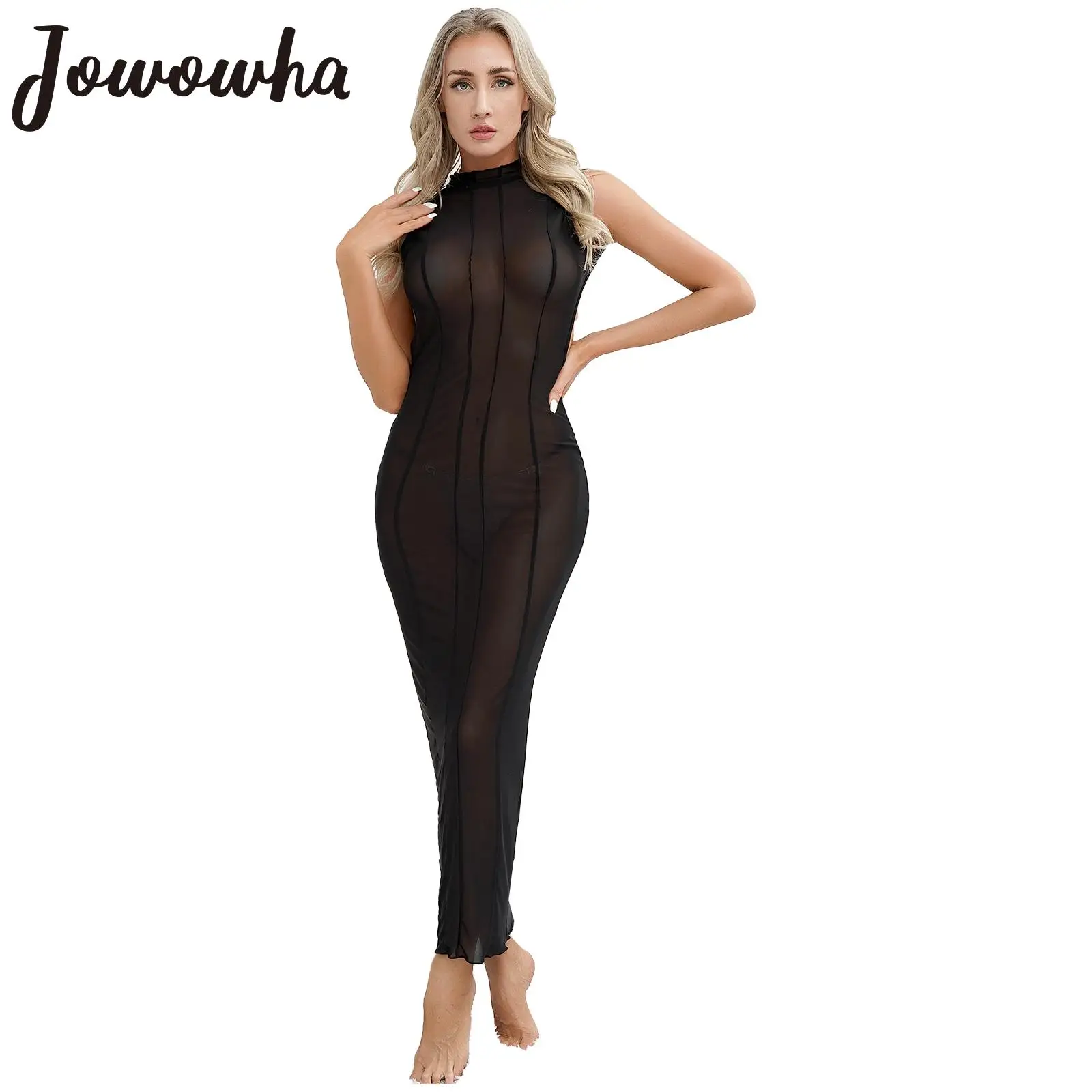 

Womens See-Through Mesh Long Dress Sleeveless Backless Sexy Bodycon Dresses Pool Party Date Nightclub Dance Performance Clubwear