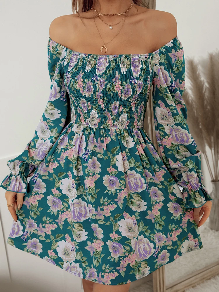 

Женское винтажное платье с цветочным принтом, голубое мини-платье с открытой спиной, квадратным вырезом и длинным рукавом, повседневные тра...