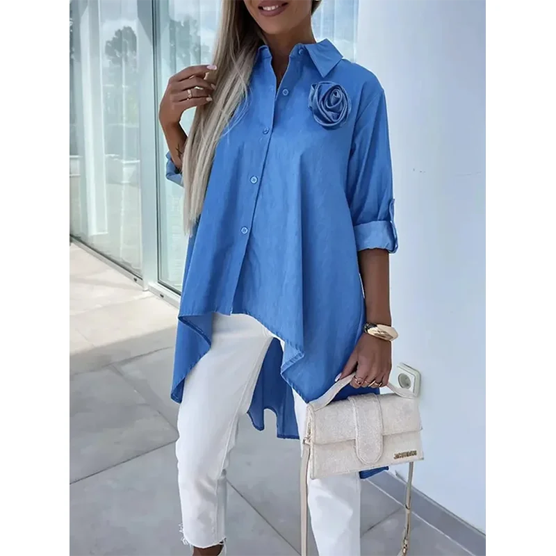 Однотонные блузки и рубашки Tinaa с коротким рукавом высоким воротником карманами