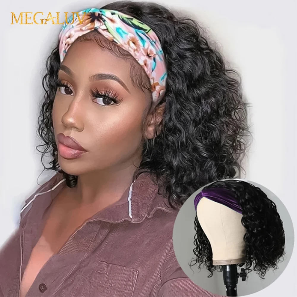 

Short Bob Wig Water Wave Headband Wig Human Hair Wigs Brazilian Remy Hair Glueless Full Machine Made Wig Cheap Curly Bob Wig