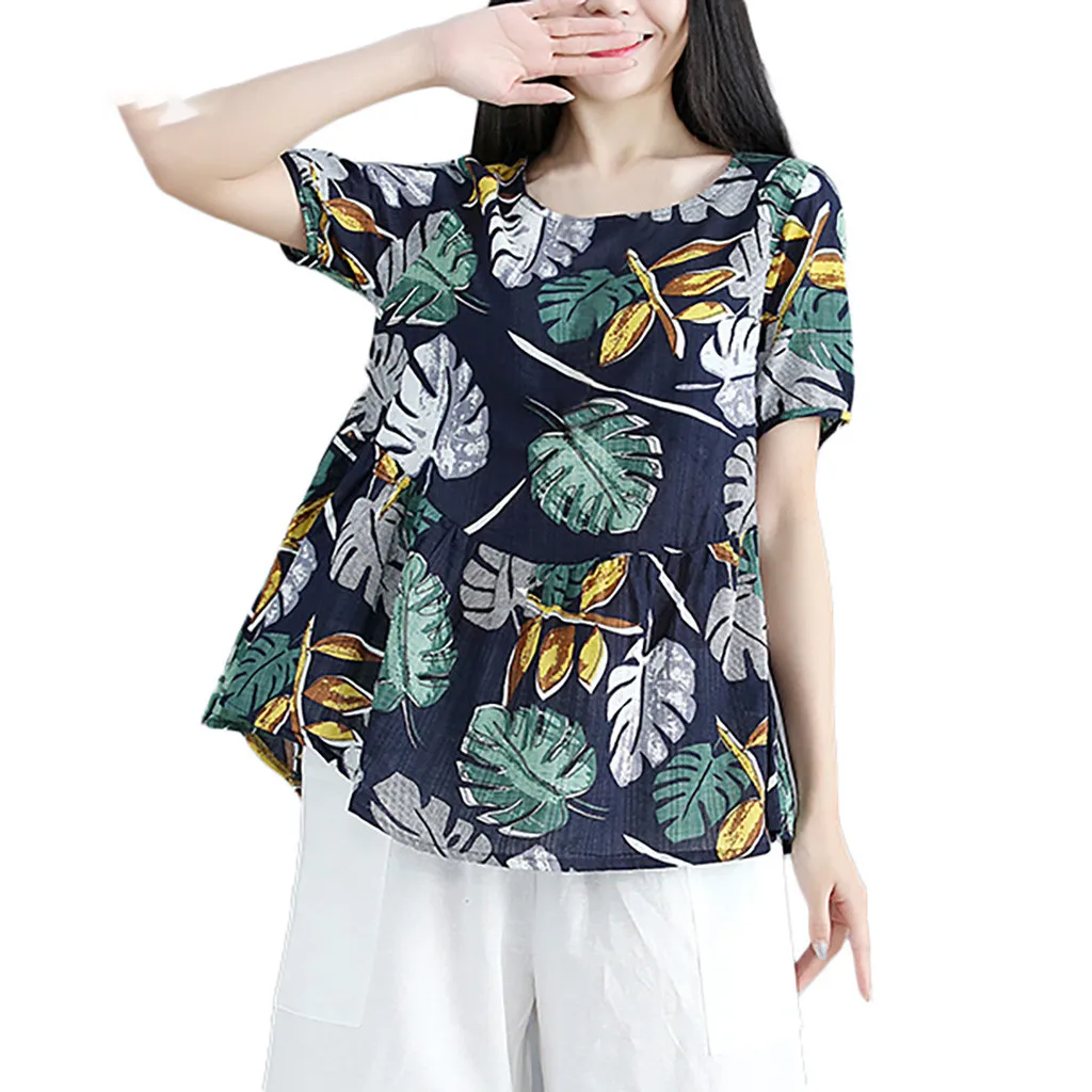 

Printed T-Shirt Loose Linen Casual O-neck Blouse Cotton Short-sleeve Women Stylish Shirts Women White Long Sleeve under Scrub