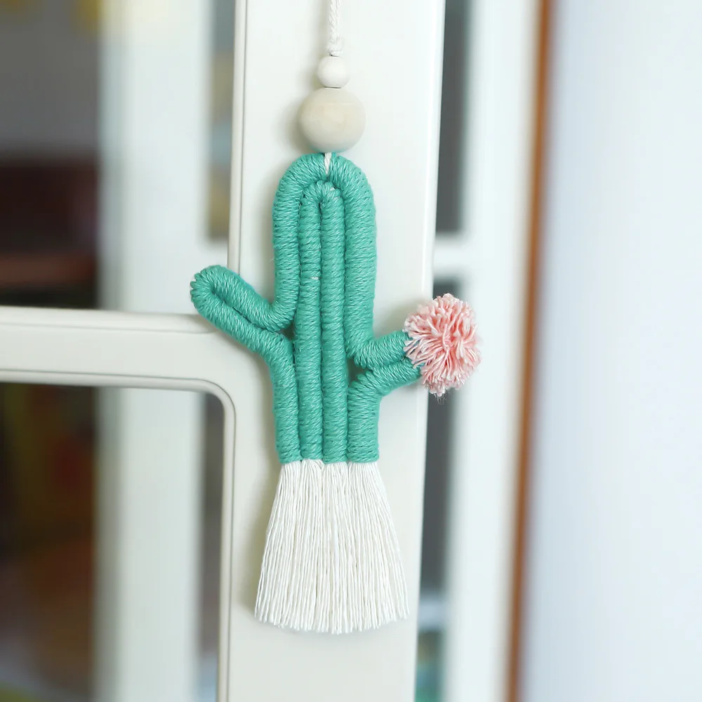 

Hand Woven Cactus Pendant Fleshy Plant Cotton Rope Wood Bead INS Style Wall Decoration Tassel Auto Car Rearview Mirror Pendant