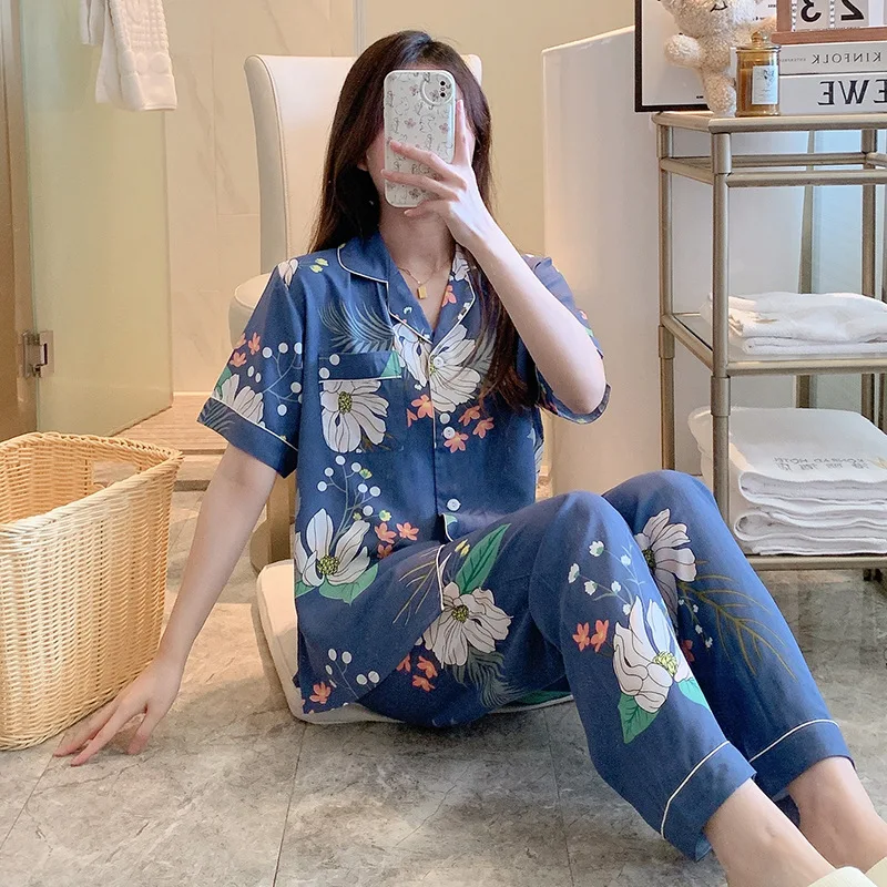 Cotton silk pajamas women's summer new style printed short-sleeved cardigan two-piece suit spring and autumn thin ladies home