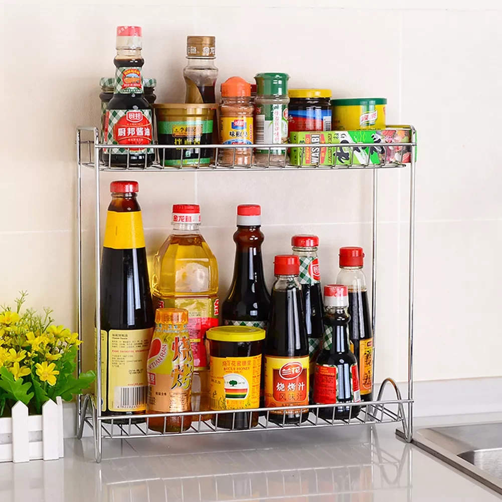 

NEW2022 Kitchen Organizer Spice Jar Shelf Organizer 2 Tier Stainless Steel Spice Bottle Rack Holder Storage Kitchen Countertop S
