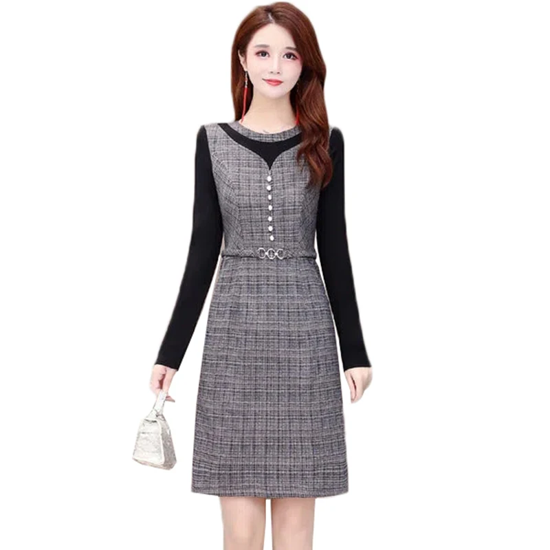 

Женские осенне-зимние платья, новинка 2023, клетчатое платье из двух частей с имитацией строчки, элегантное женское платье с длинным рукавом, ...