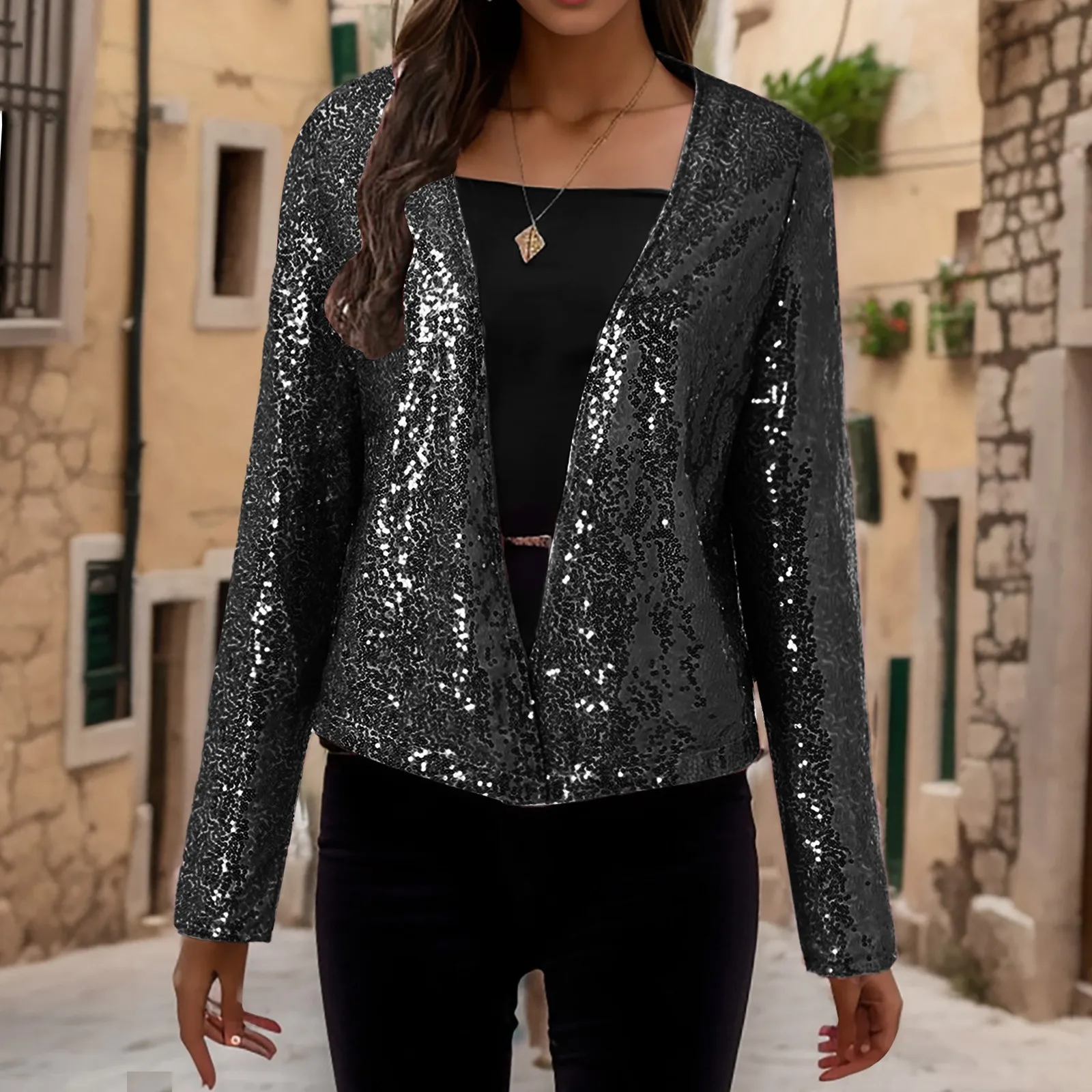 Женская мода с v-образным вырезом и стойкой куртка блестками короткий кардиган
