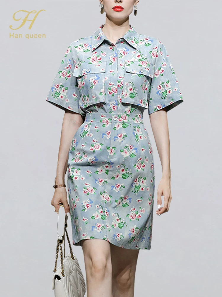

H Han Queen Summer New Vintage Printing 2-Piece Pocket Short Sleeve Top +Fashion High Waist Pencil Skirt Casual Women Suit Skirt