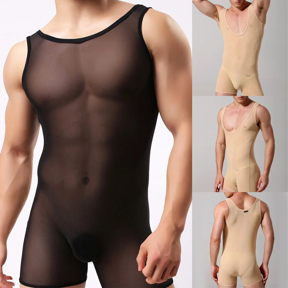 

Porno Sexy Men Leotard Wrestling Singlet Bodysuit Sheer Jumpsuits Man Bulge Pouch Underwear Slim Elastic Corrective Body Shapers