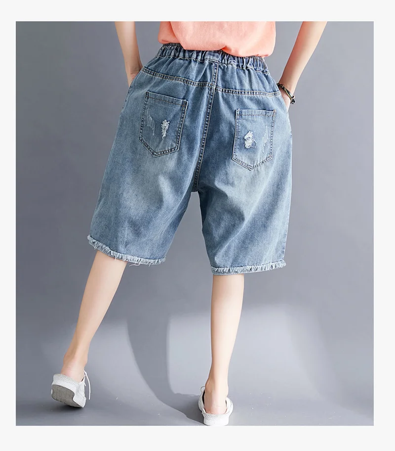 Women Summer Embroidery Cartoon Patchwork Vintage Ripped Hole Casual Shorts Female Elastic Drawstring Denim Shorts Streetwear