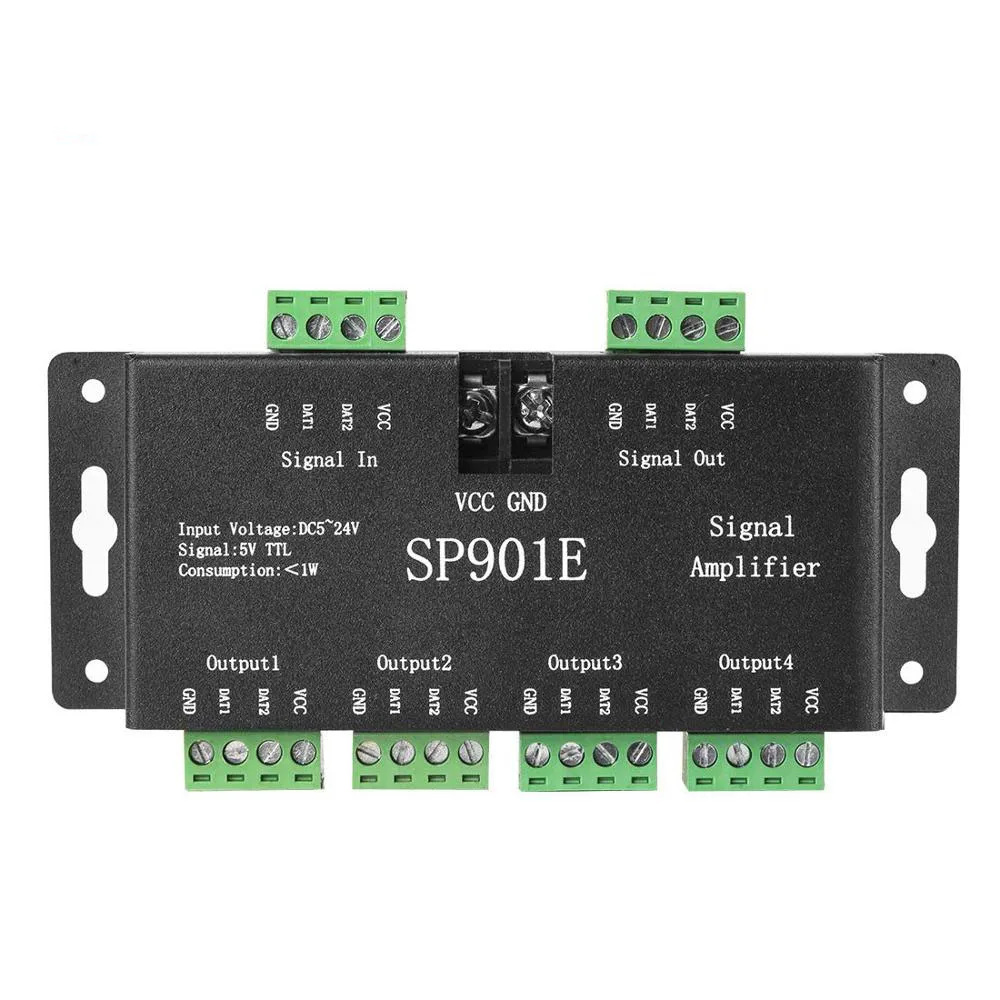 SP901E SPI Signal Amplifier for WS2812B WS2811 WS2813 Pixel RGB LED Strip Signal Repeater Addressable Dream Color Tape DC5-24V